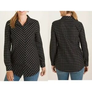 Chico's Size 1 (US 8/10) No Iron Sateen Windowpane Wing Collar Shirt